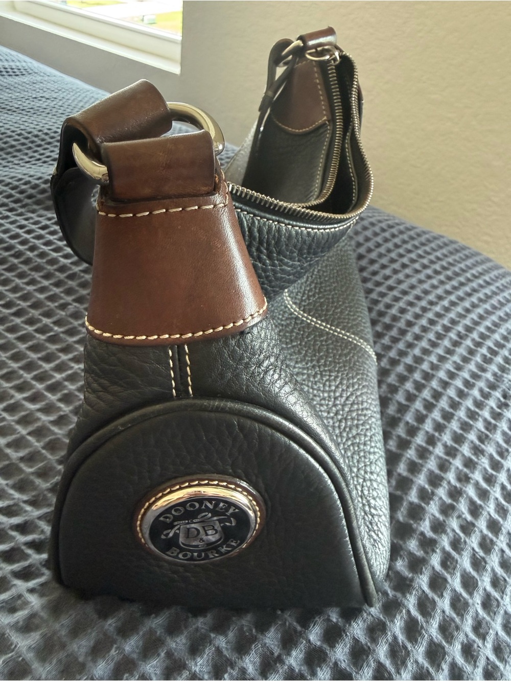 Dooney & Bourke Black Pebbled Leather Messenger with Brown Trim